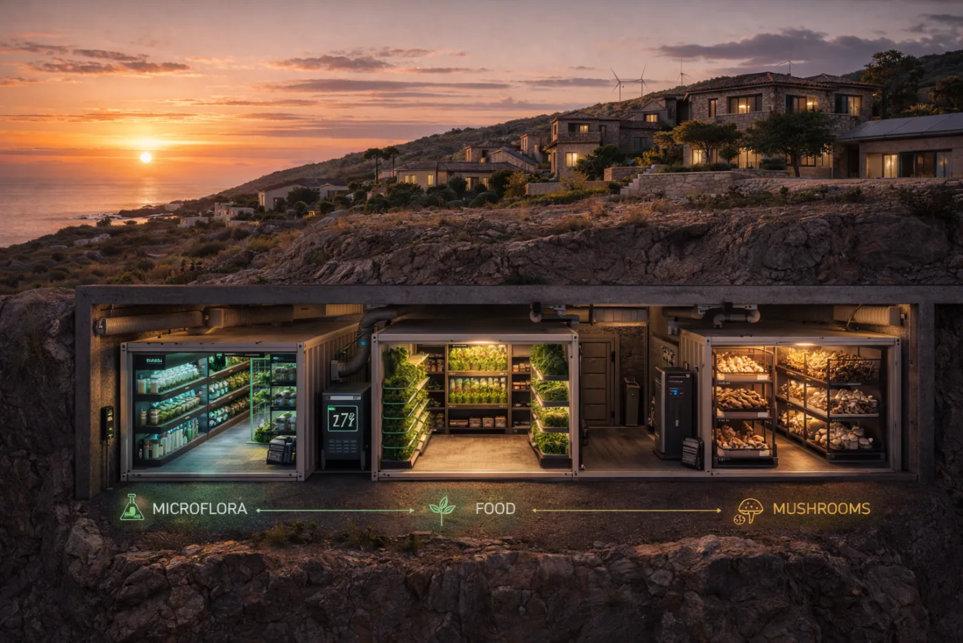 VEVA underground food production — microflora, food storage, and mushroom cultivation